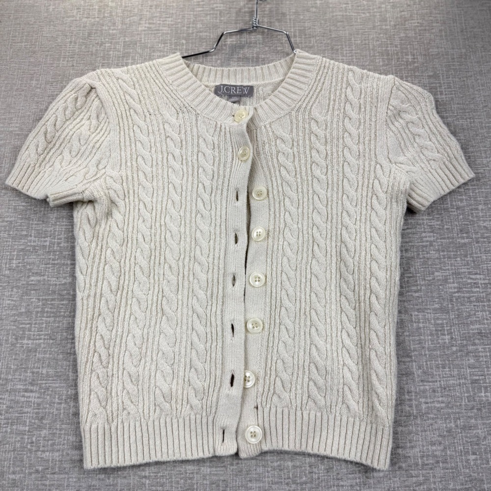 J.Crew Womens XXS Short Sleeve Cable Knit Cardigan Cream Ivory Button Front
